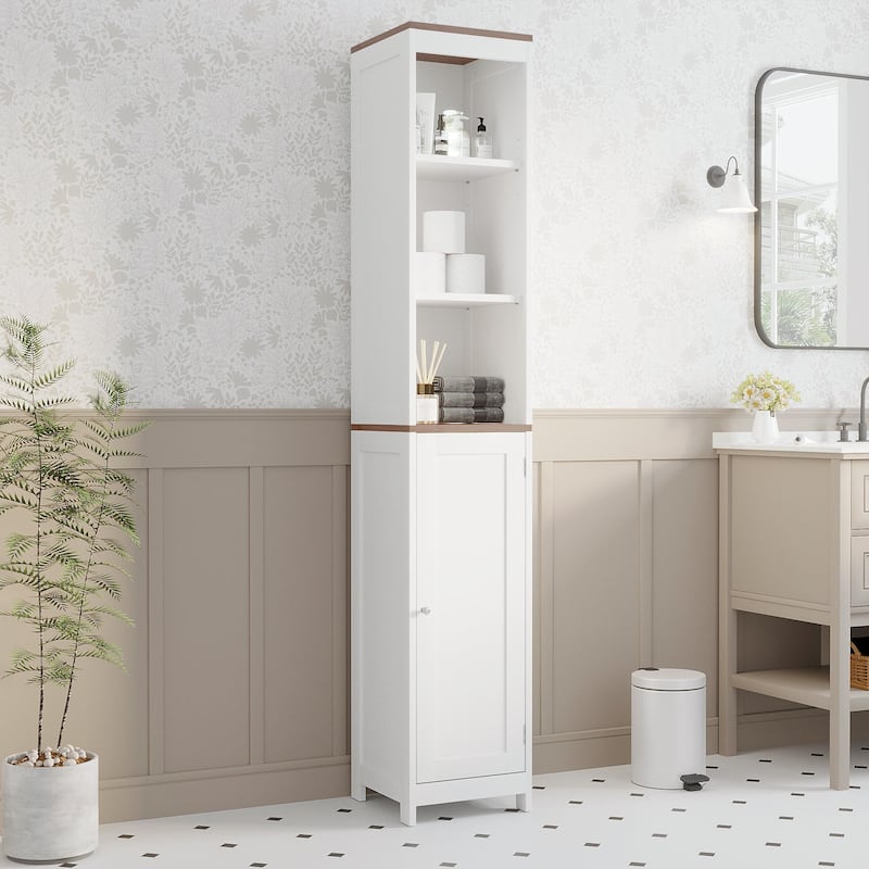 Tall Bathroom Storage Cabinet with Reversible Door, Freestanding Linen Tower with Open Shelves and Enclosed Cabinet