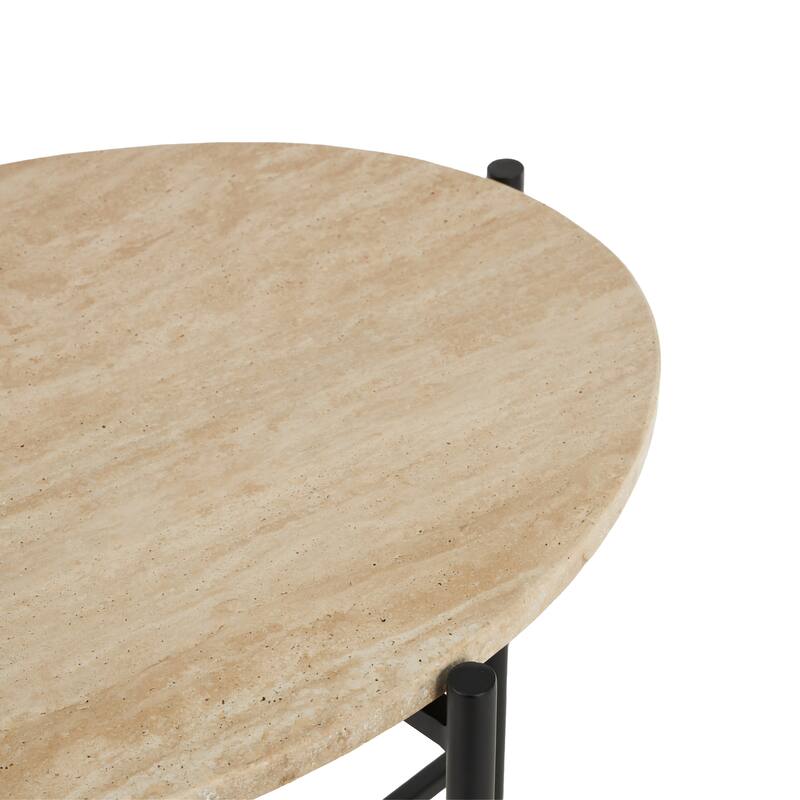 Beige Marble Side End Accent Table with Black Metal Support