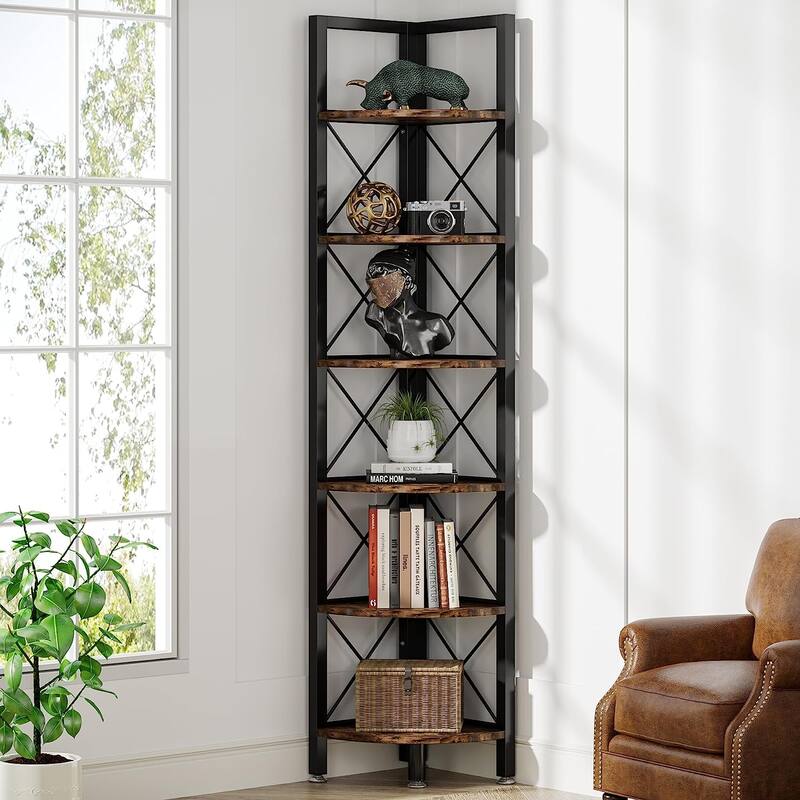 5 Tier Corner Shelves, Rustic Corner Bookshelf Small Bookcase Plant Stand for Living Room - 6 Tier - Brown
