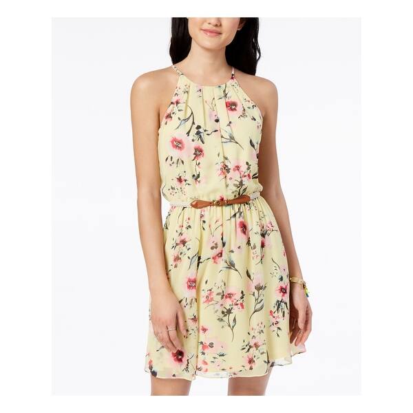 Shop Bcx Womens Yellow Belted Pleated Floral Chiffon Spaghetti Strap Halter Above The Knee A Line Dress Juniors Size S Overstock 30269672
