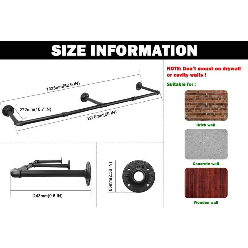 Industrial Pipe Clothes Rack - 9.6"D x 53.7"W x 2.56"H