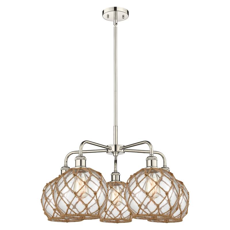 Innovations Lighting Endless Possibilities Ballston - Farmhouse Rope - 5 Light 27" Stem Hung Chandelier - Clear Glass with Brown Rope/Polished Nickel