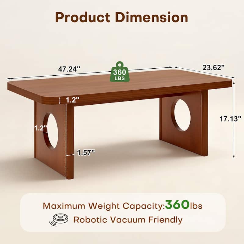 47-Inch Rectangular Center Coffee Table with Solid Pine Wood Legs - 47.24"L x 23.62"W x 17.13"H