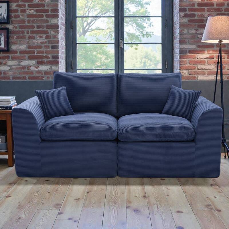 Modular Cloud Sectional Sofa, Comfy 2-Seater Corduroy Couch with Removable Covers - Navy Blue