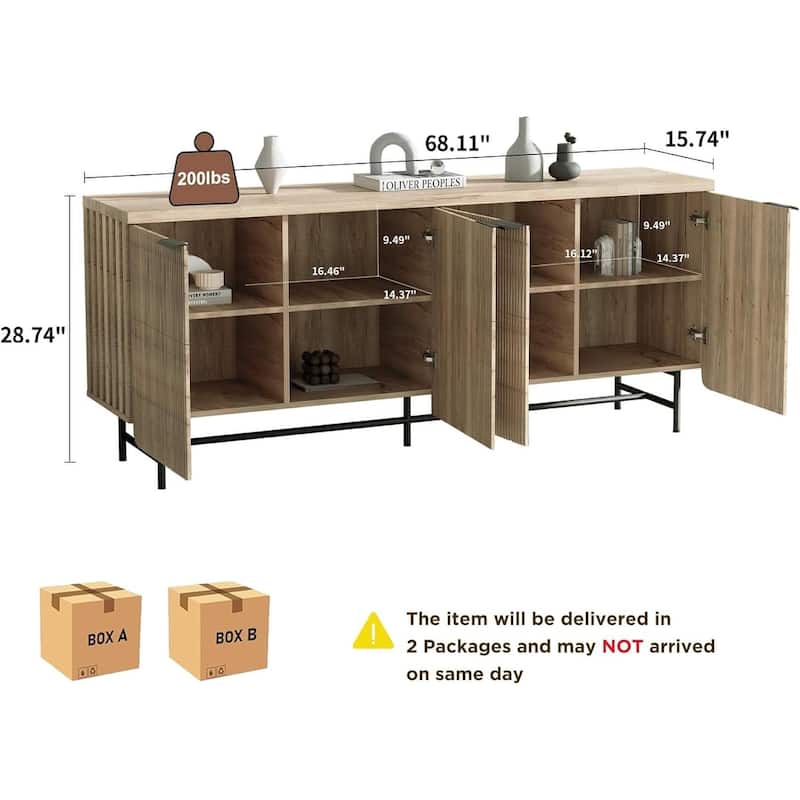 68" Mid Century Fluted TV Console Table Sideboard Cabinet with Cabinets Storage - 68inch