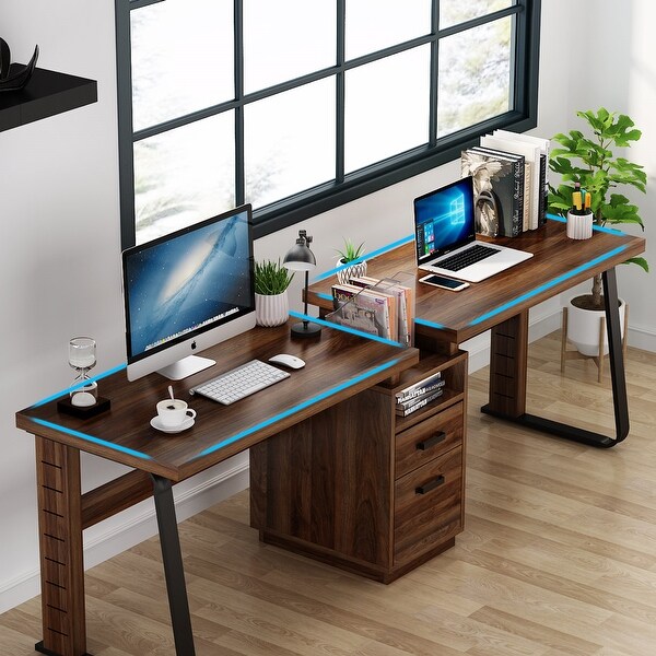 extra long two person desk with storage shelves