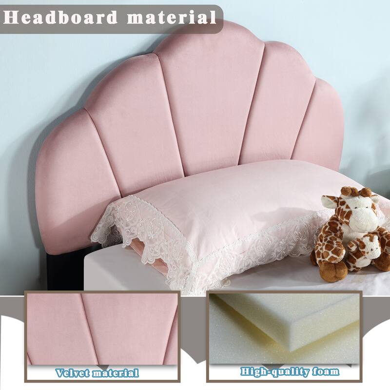 Pink Twin Velvet Platform Bed with Shell Headboard - No Box Spring Required, Soft Velvet Fabric