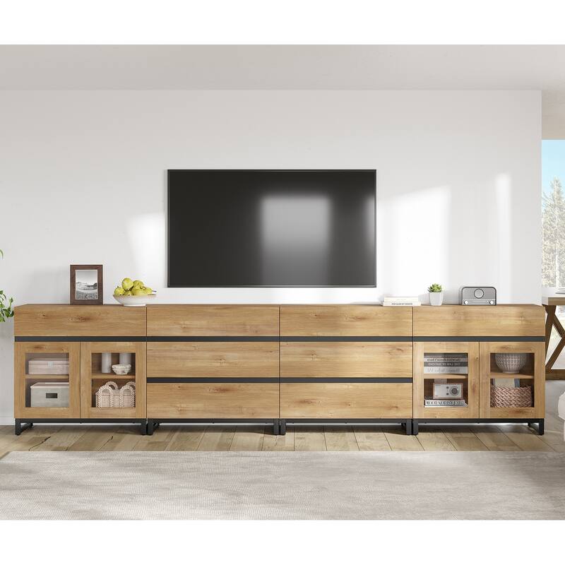4-in-1 TV Stand for 120" TVs, Modern Console with Glass Doors & 8 Drawers