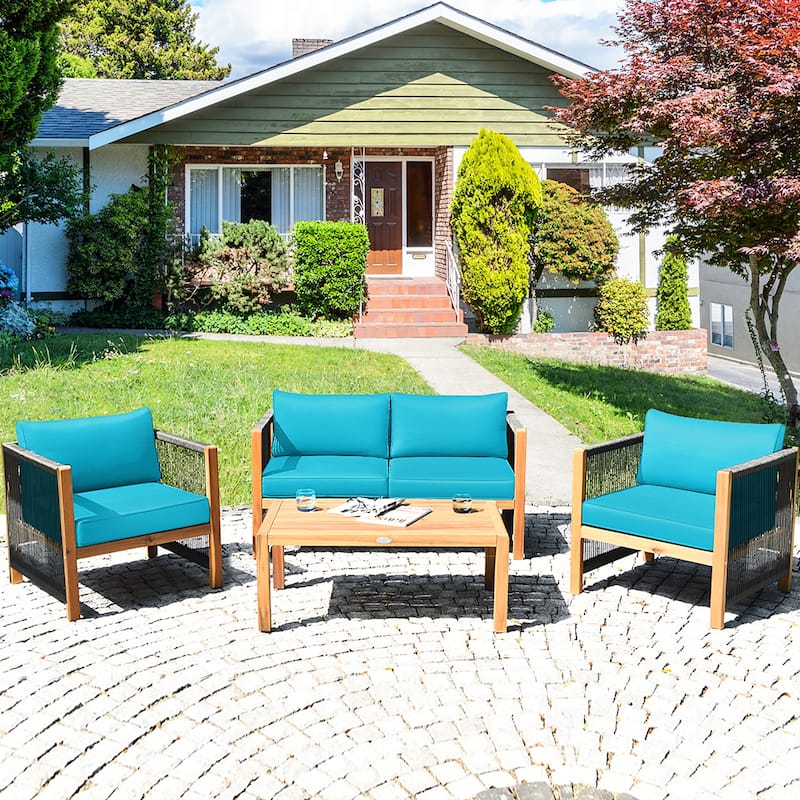 Costway 4PCS Wooden Patio Furniture Set Cushioned Sofa W/Rope Armrest - 4-Piece Sets - Turquoise