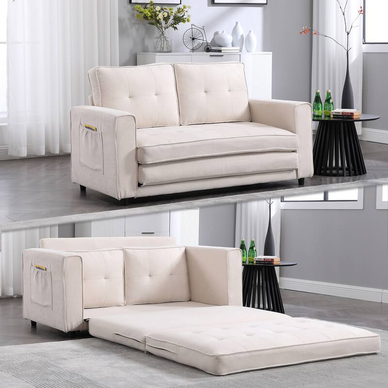 Folding Sofa Bed with Two Storage Pockets, Linen Convertible Foldable Couch Bed