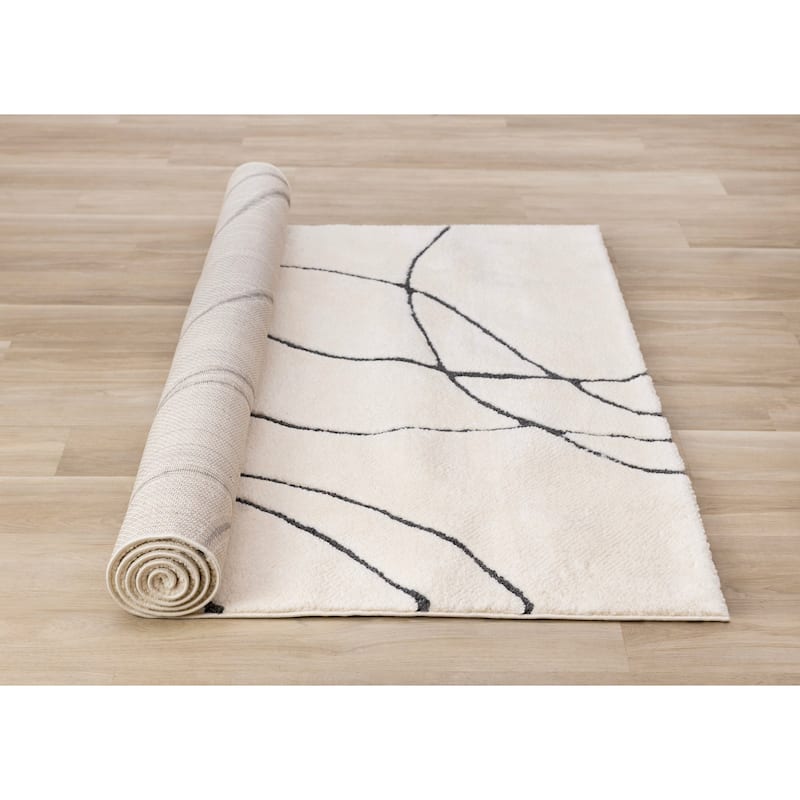 White Black Organic Lines Soft Textured Rug