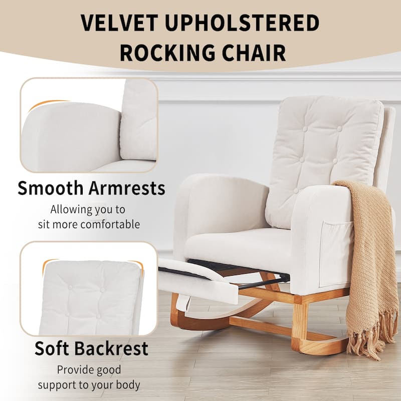 Javlergo Small Space Rocking Chair with Pull-Out Pedals Solid Wood Legs Glider Chair for Nursery with Two Side Storage Pockets