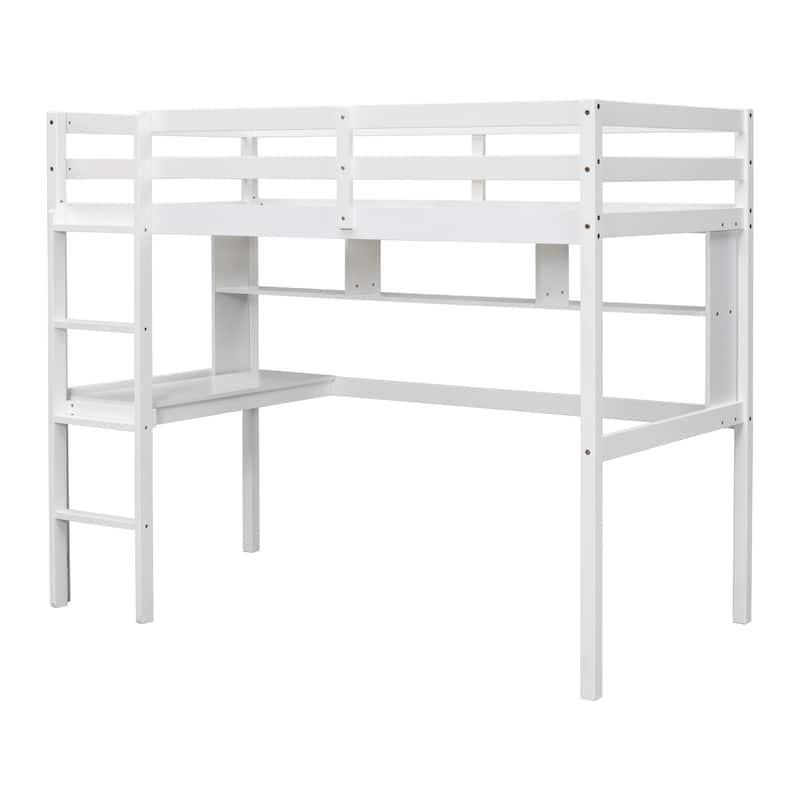 White Twin Size Wood Loft Bed with Desk and Shelves
