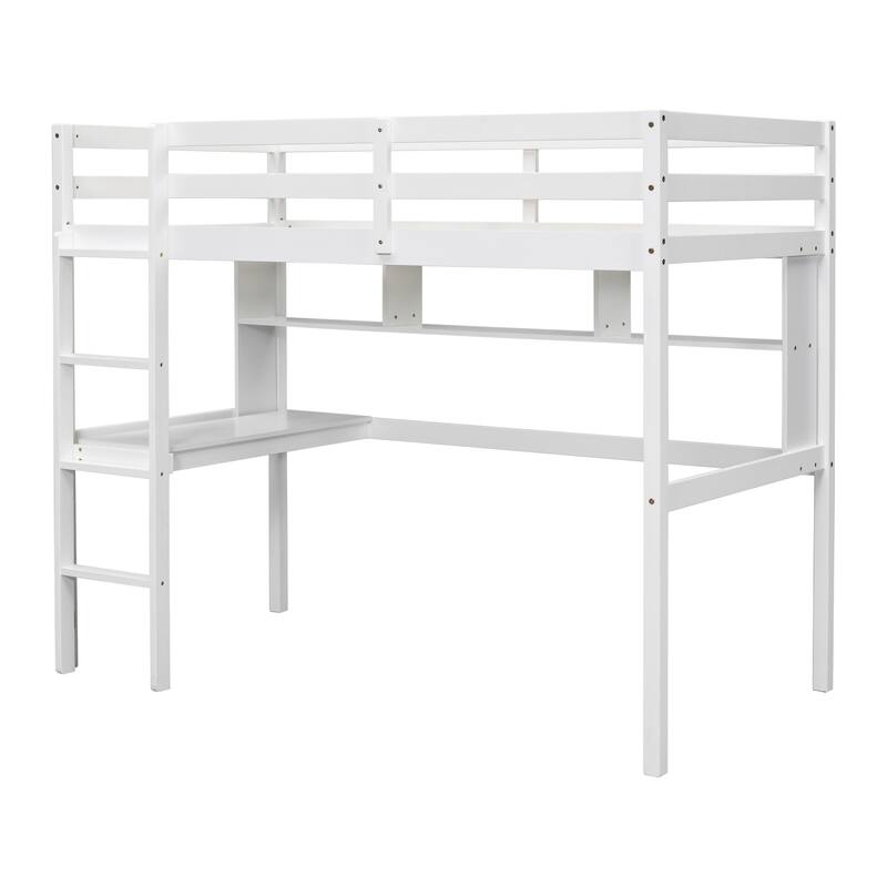 White Twin Size Wood Loft Bed with desk and shelves, Safety Guardrail and ladder