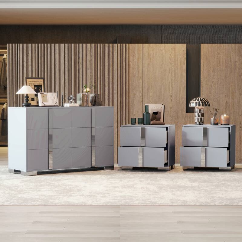 3-Pieces Sets, Elegant 6 Drawers Dresser And Two Nightstands, Storage Cabinet And Bedside Table With Metal Handles