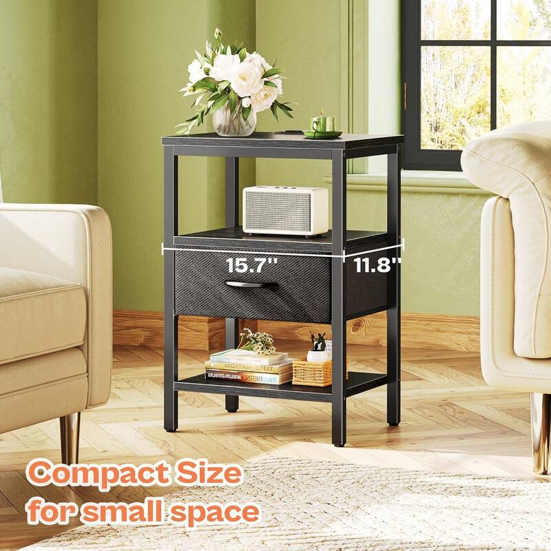 Nightstand Set of 2 Or 1 with Charging Station and USB Ports, Storage End Table with Fabric Drawer, Night Stand for Small Spaces