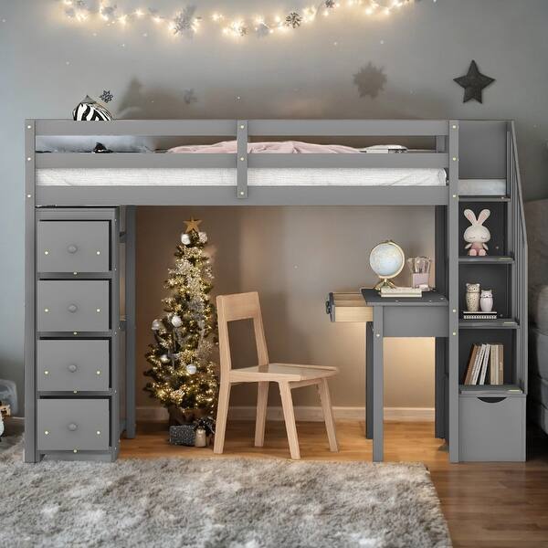 slide 2 of 57, Modern Twin Size Loft Bed With 4 Storage Drawers,Desk,Shelves and Stairs,Solid Construction Grey