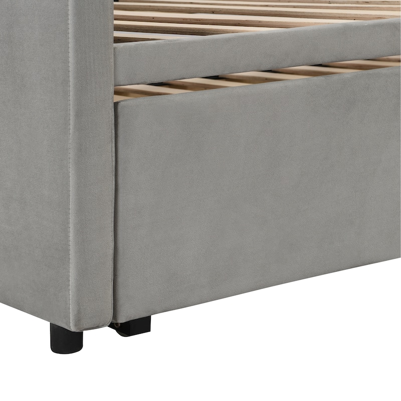 Grey Upholstered Twin Size Daybed with Pop Up Trundle, Multi-Functional Design