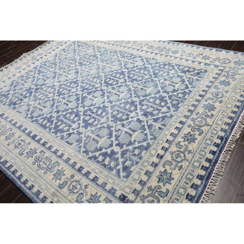 Hand Knotted Oushak Blue Oriental Wool Transitional Oriental Area Rug