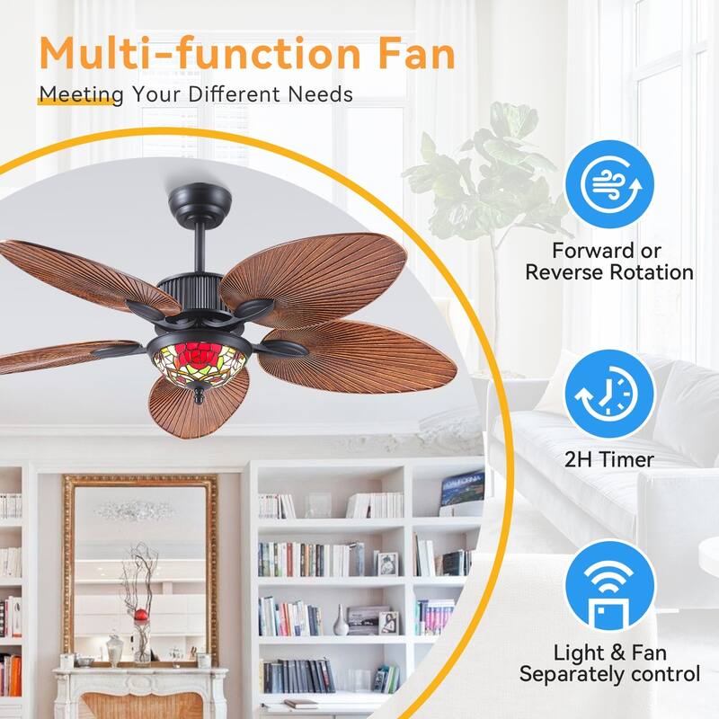 50" /52" Tiffany Tropical Ceiling Fan with 5 Blades and Vintage Cover Waterproof for Indoor and Outdoor Patio