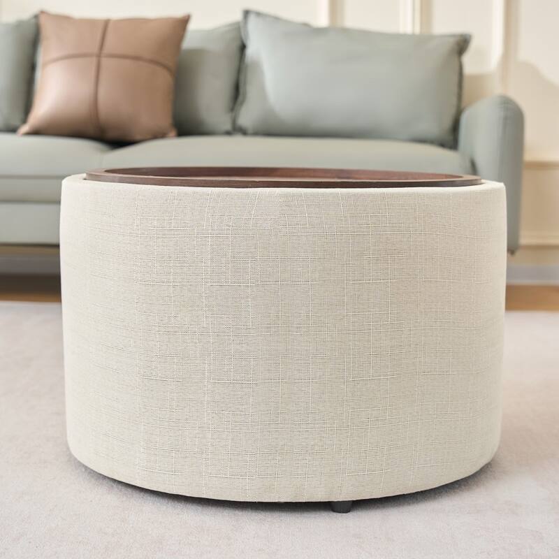 22.75" Linen Upholstered Round Nesting Storage Ottoman