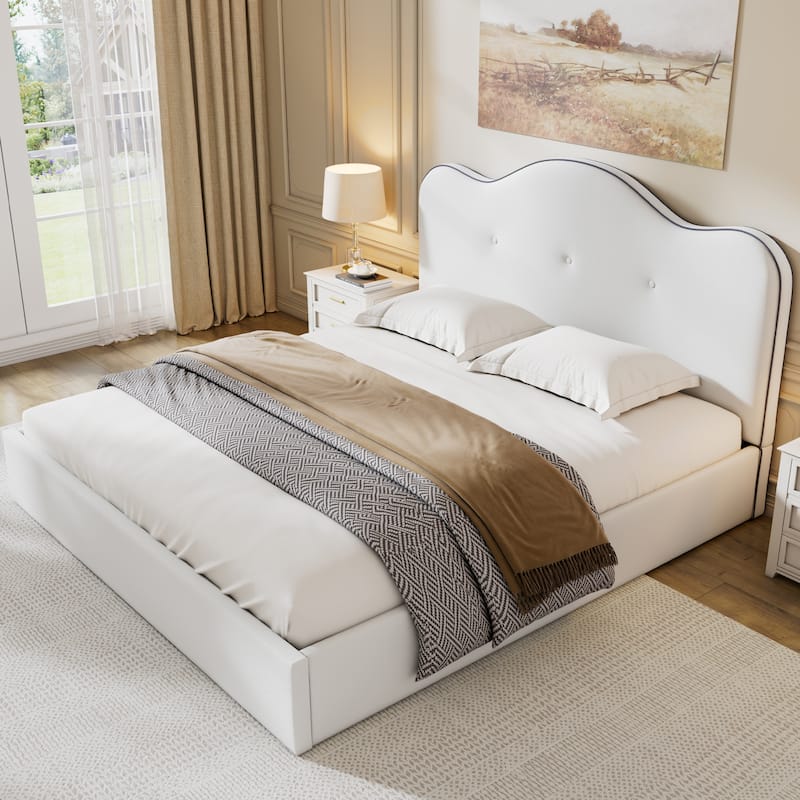 Beige Grounded Platform Bed Frame with Fabric Upholstered Headboard and Wooden Slats Support/No Box Spring Needed/Easy Assembly - Beige - King