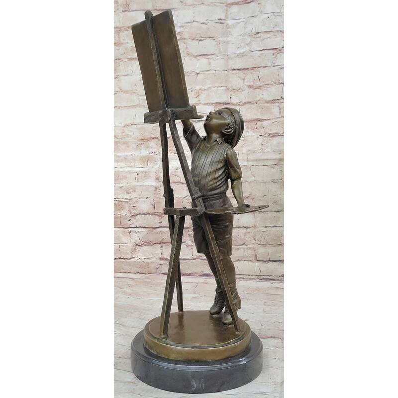 Young Artist Bronze Sculpture – Boy With Easel On Marble Base