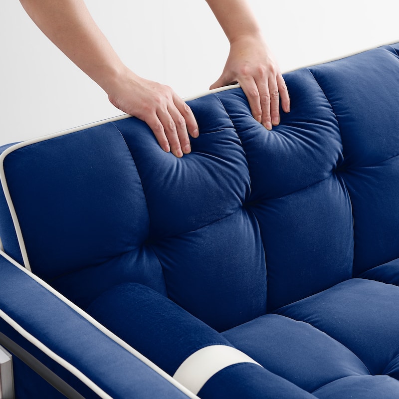 Blue 55'' Convertible Velvet Sleeper Sofa for Two, Pull-Out Bed with Adjustable Recline, Side Pockets, and Phone Holder