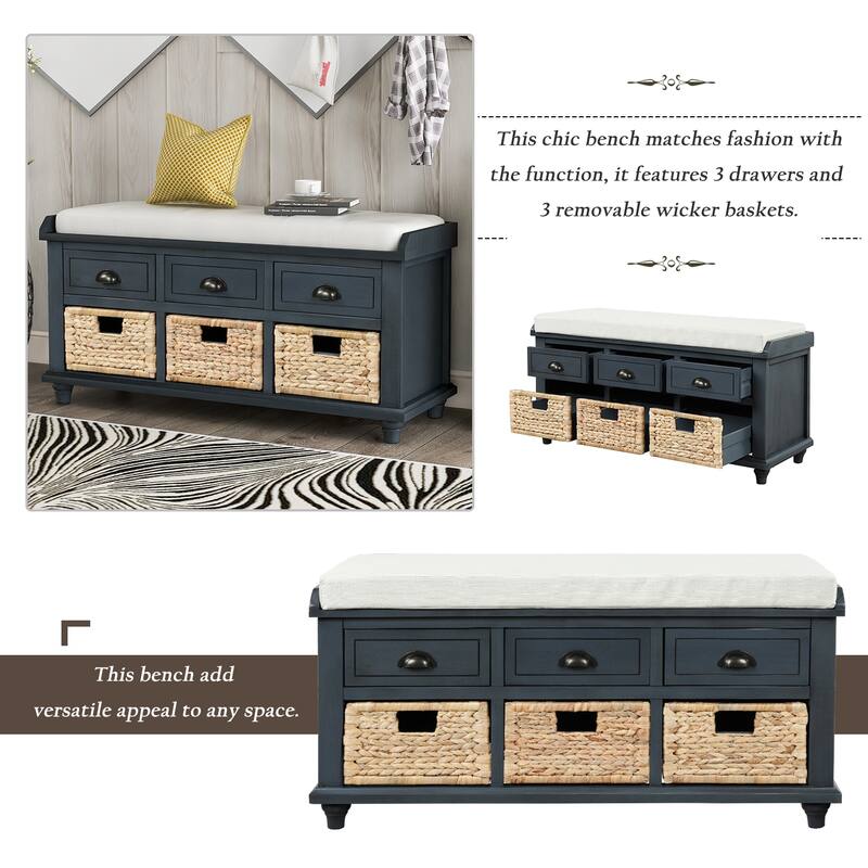 Storage Bench with 3 Drawers and 3 Rattan Baskets, Shoe Bench for Living Room, Entryway