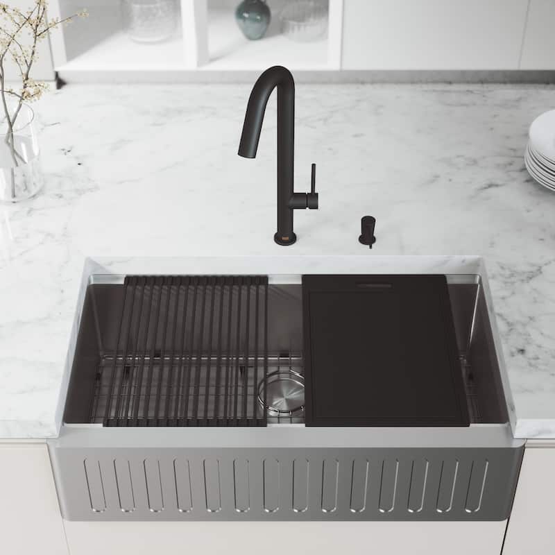 VIGO Oxford Stainless Steel Single Bowl Slotted Apron Farmhouse Kitchen Sink and Accessories - 36"L x 21"W