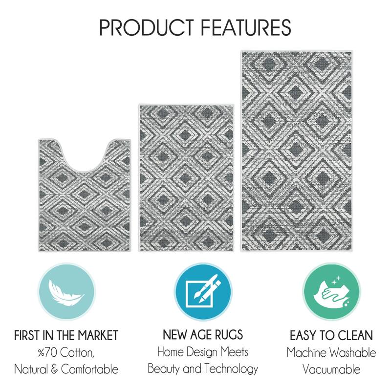 Geometric Design 3 Piece Bathroom Rugs Set - Non-Slip Ultra Thin Bath Rugs for Bathroom Floor - Washable Bathroom Mats Set