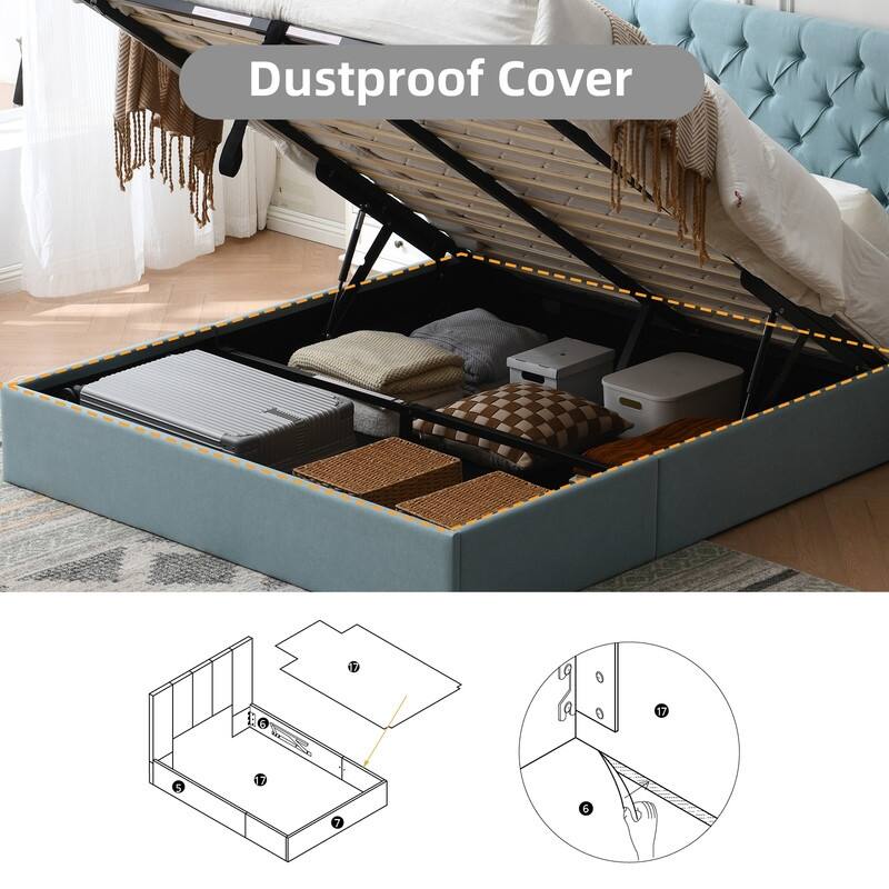 Plywood Frame Upholstered Platform Bed with Lift-up Storage Supported by Metal and Wooden Slats