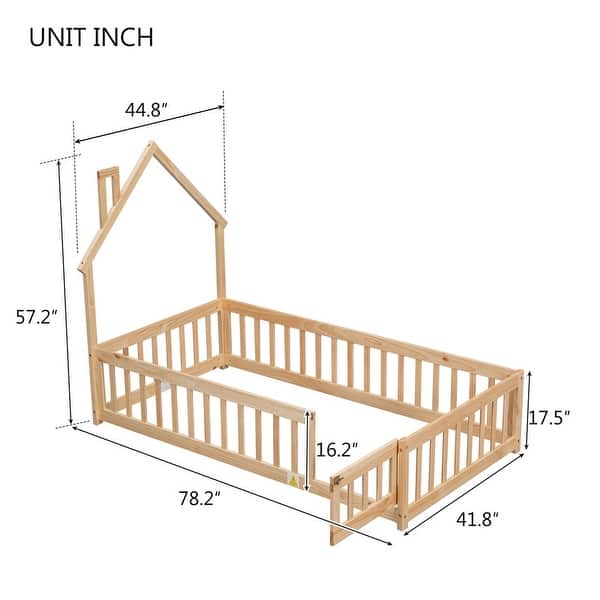 dimension image slide 3 of 6, Twin/Full Montessori Toddler Floor Bed Frame, Modern House-Shaped Bed Frame with Fence and Full-Length Guardrails for Girls Boys