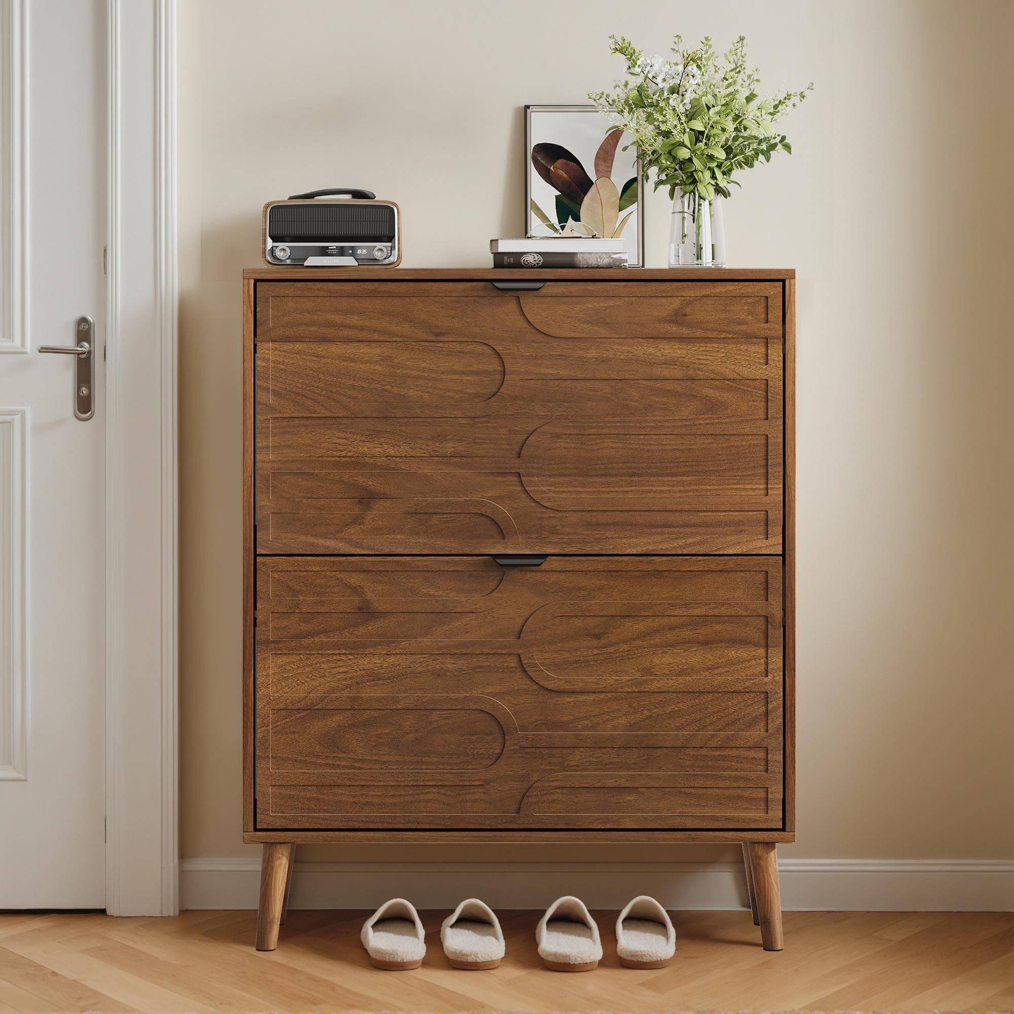 Medieval 31.5" Modern Shoe Cabinet with Flip Drawers, Adjustable Storages & Solid Wood Legs by GDFStudio