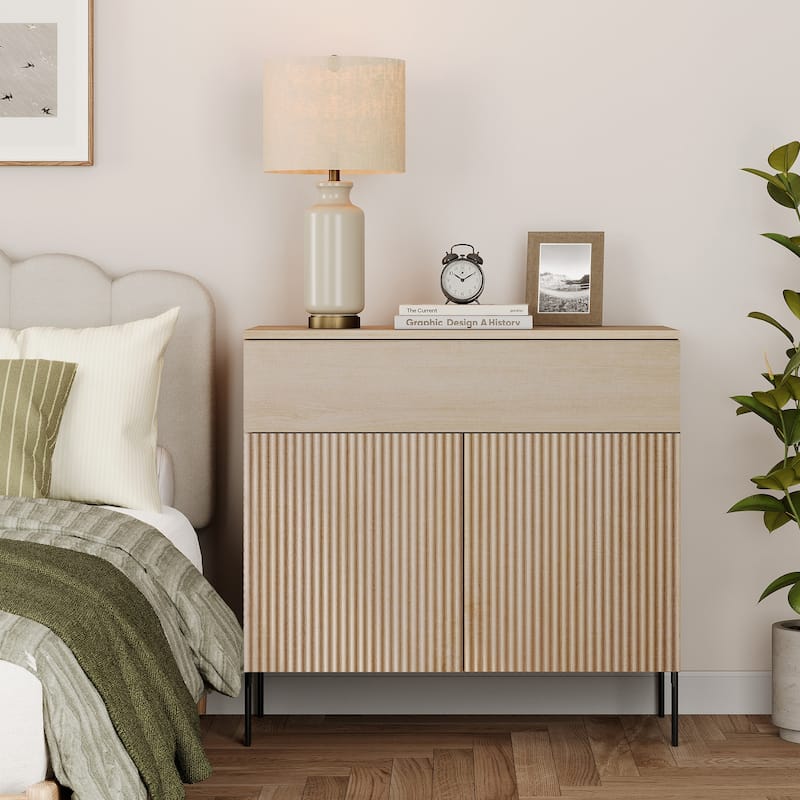 Modern Minimalist Nightstand,31.5" Wood End Table,Reeded Design Bedside Table - Beige - 1-drawer