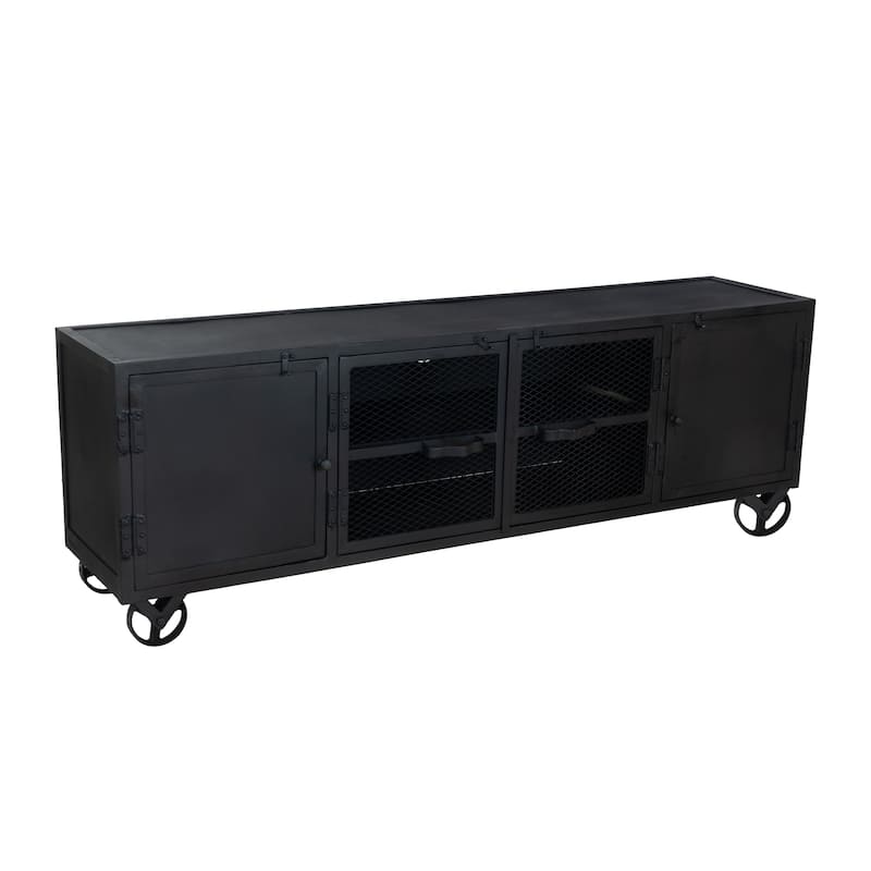 Industrial Black Metal TV Stand - 70.5" Entertainment Console with Storage, Grated Doors & Locking Wheels