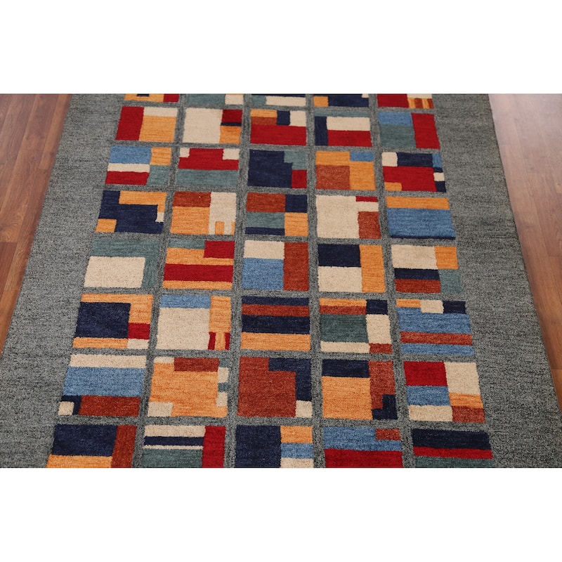 Geometric Grey Modern Indian Area Rug Handmade Wool Carpet - 5'3" x 7'7"