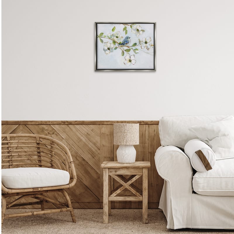 Stupell Bird Perched on Dogwood Framed Floater Canvas Wall Art Design By Sally Swatland
