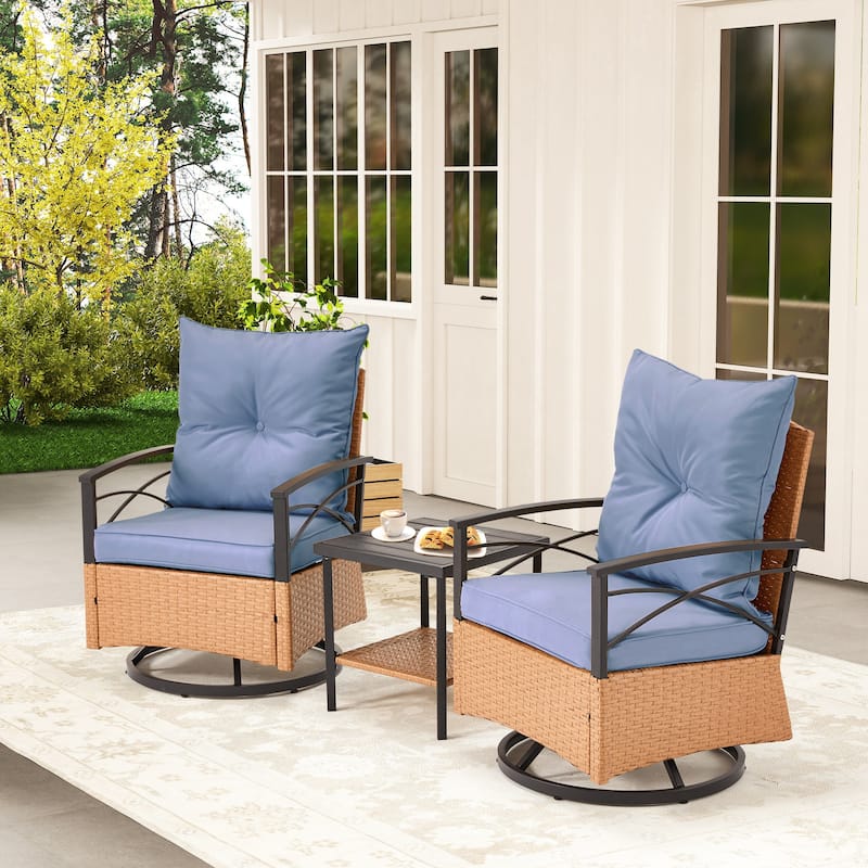 3-Piece Outdoor Rocking/Swivel Chair Set - PE Rattan Patio Furniture with Cushions & Coffee Table, Rocker Chairs for Backyard