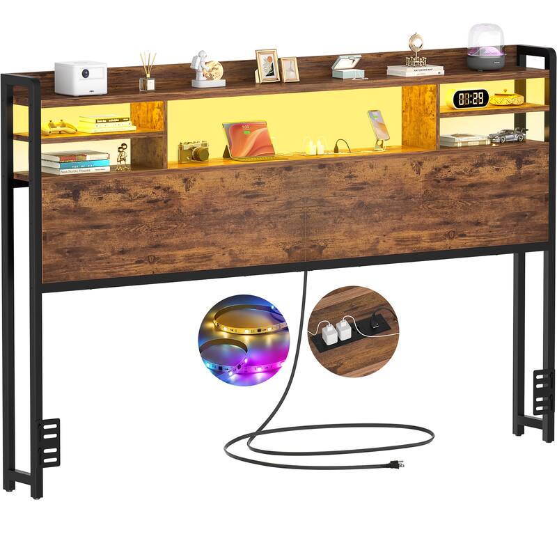 Storage Headboard with USB Port and Power Outlet, Head Board with LED Light for Bed Frame