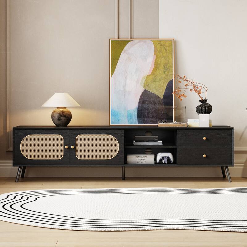 70" Mid-Century Modern Entertainment Center with Rattan Doors, 2 Drawers and Open Shelf - Black