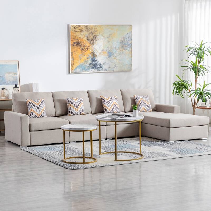Linen Fabric 4 Piece Reversible Sectional Sofa Chaise with Pillows and Interchangeable Legs in Beige