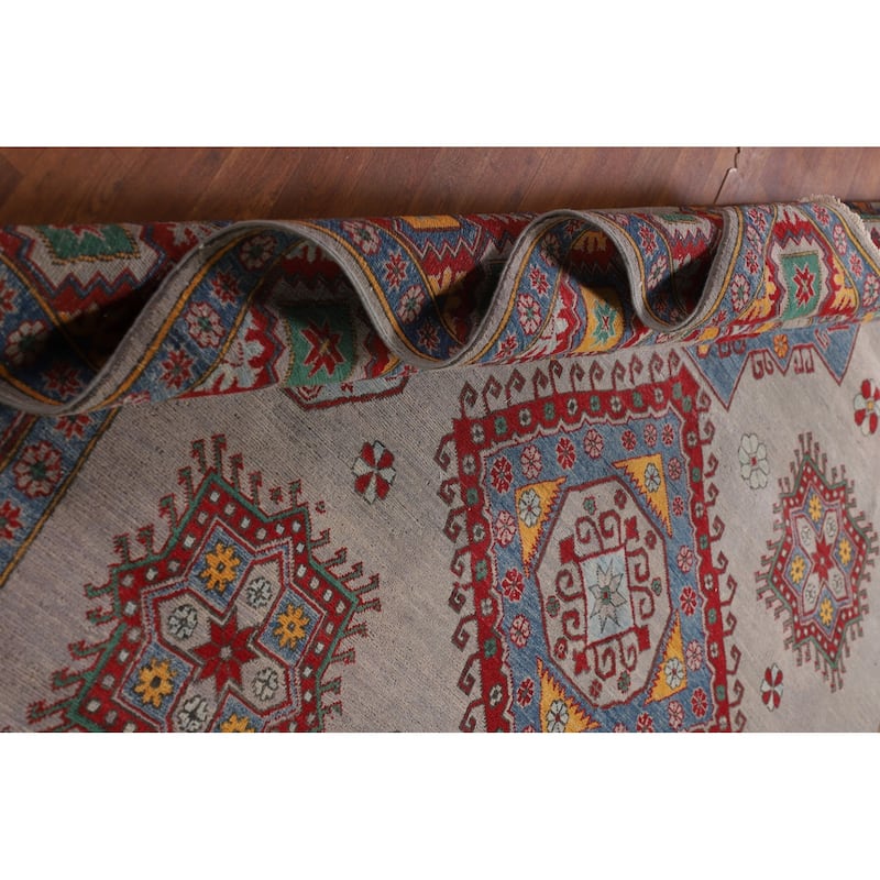 Grey Geometric Kazak Area Rug Hand-Knotted Wool Carpet - 8'2"x 11'5"