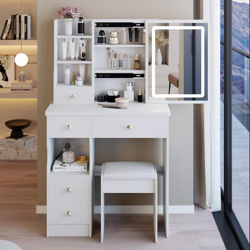 29.2"Small Size Left Drawer Desktop Vanity Table +Cushioned Stool,Large Sliding Adjust LED Mirror,High Capacity Storage - White