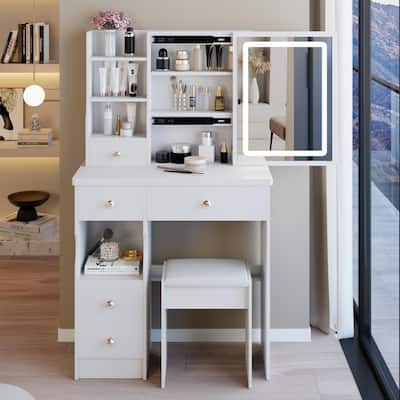 29.2"Small Size Left Drawer Desktop Vanity Table +Cushioned Stool,Large Sliding Adjust LED Mirror,High Capacity Storage