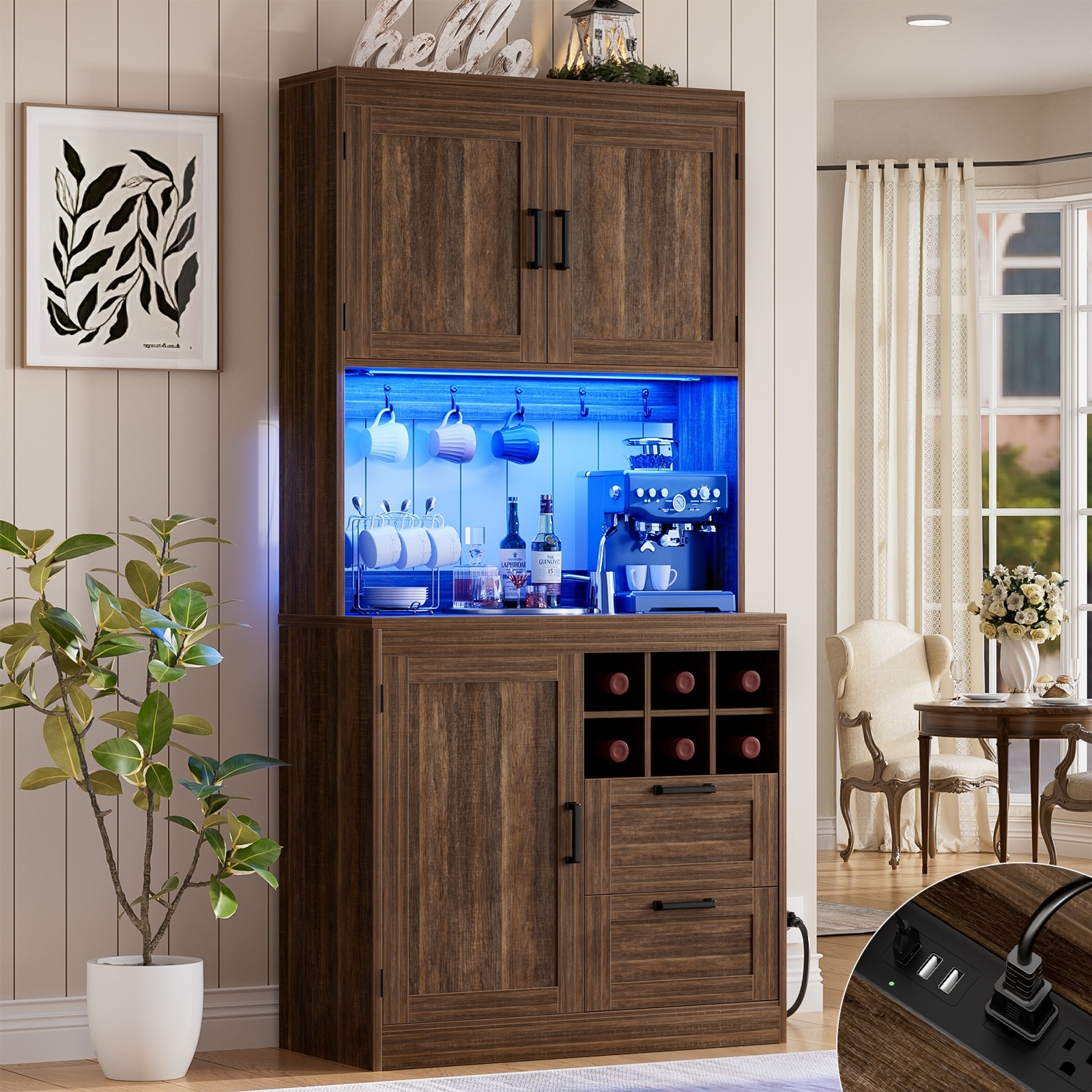 Farmhouse 72" Tall Kitchen Pantry Cabinet with Charging Station, Coffee Bar Cabinet with Hutch and LED Light