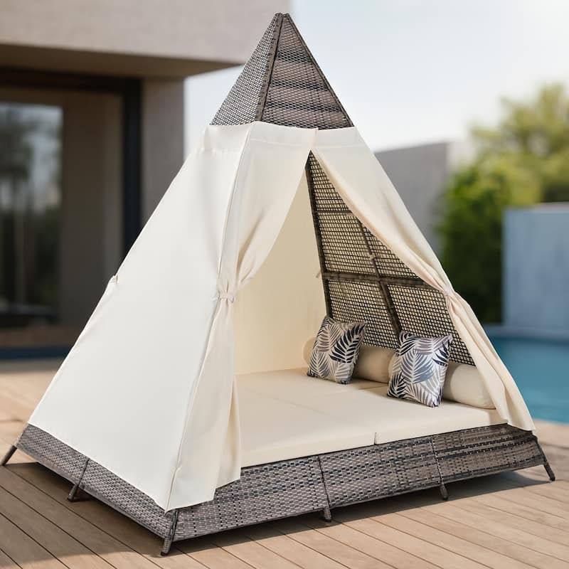 91" Brown And Natural Faux Rattan And Fabric Pyramid Lounge Chair - Beige