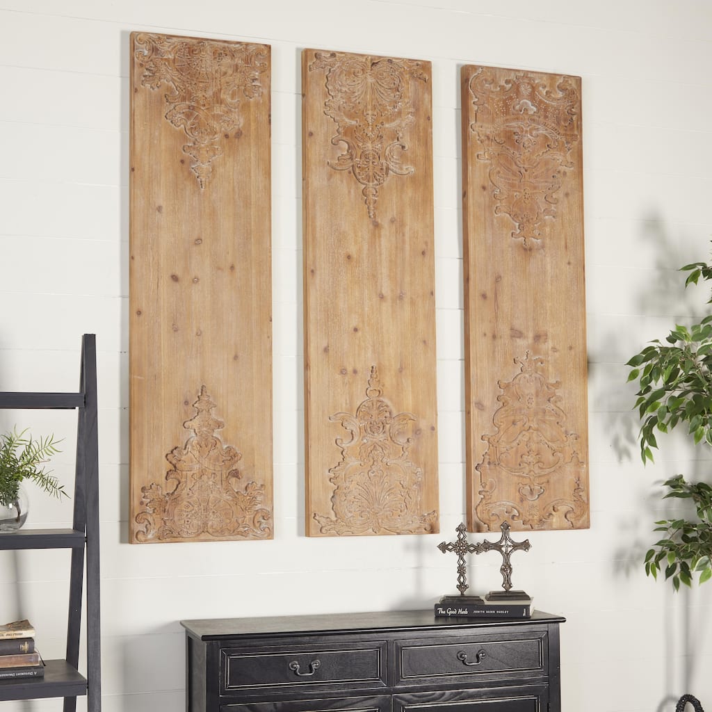 Brown Wood Carved Antefix Floral Home Wall Decor (Set of 3)