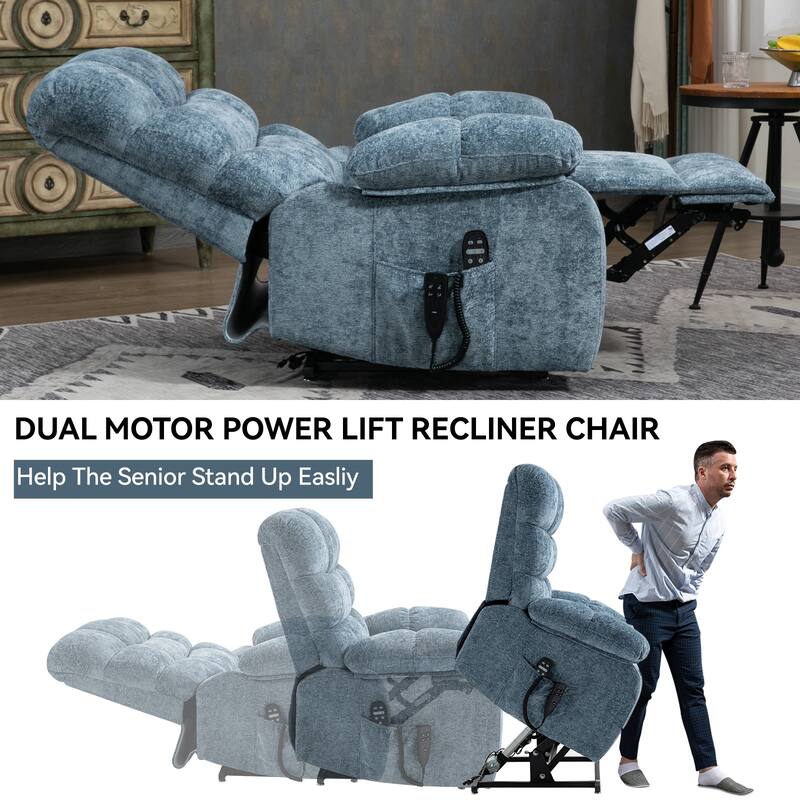 Chenille Power Lift Recliner Chair for Big and Tall with Massage, Heat, Dual Motors, and 180° Recline