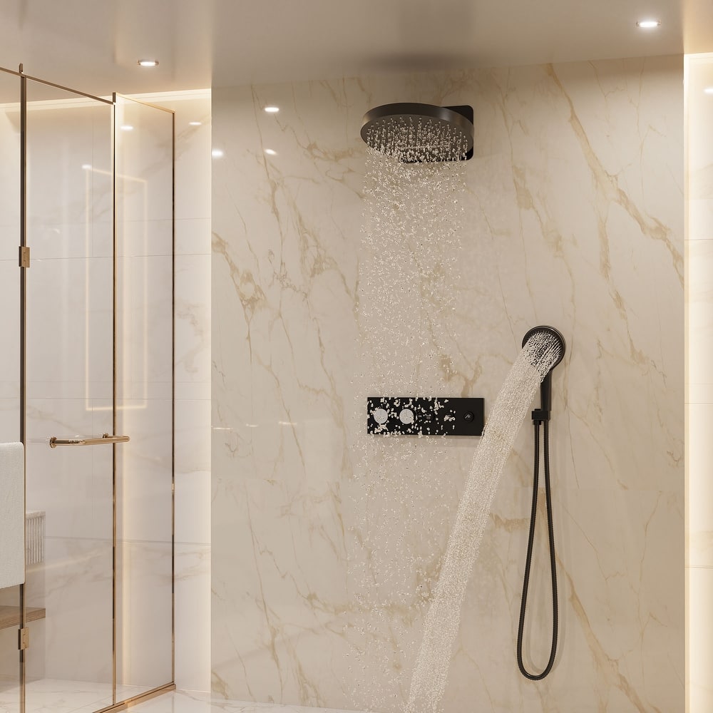 Luxury Thermostatic Shower System 5-Spray Patterns 16" Round Wall Mount Fixed and Handheld Shower Head - 15.7" x 15.7"